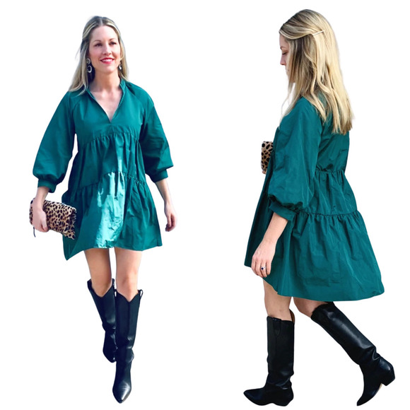 Zara Voluminous Taffeta Green V-Neck Dress - Size XL - Picture 3 of 11